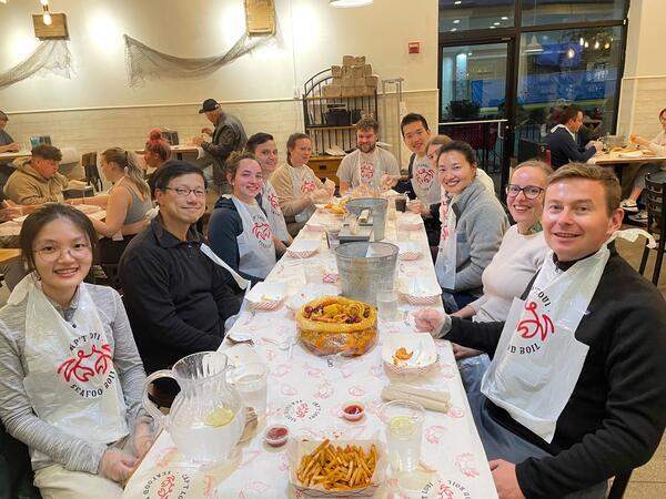 hiking! (members eating seafood dinner)